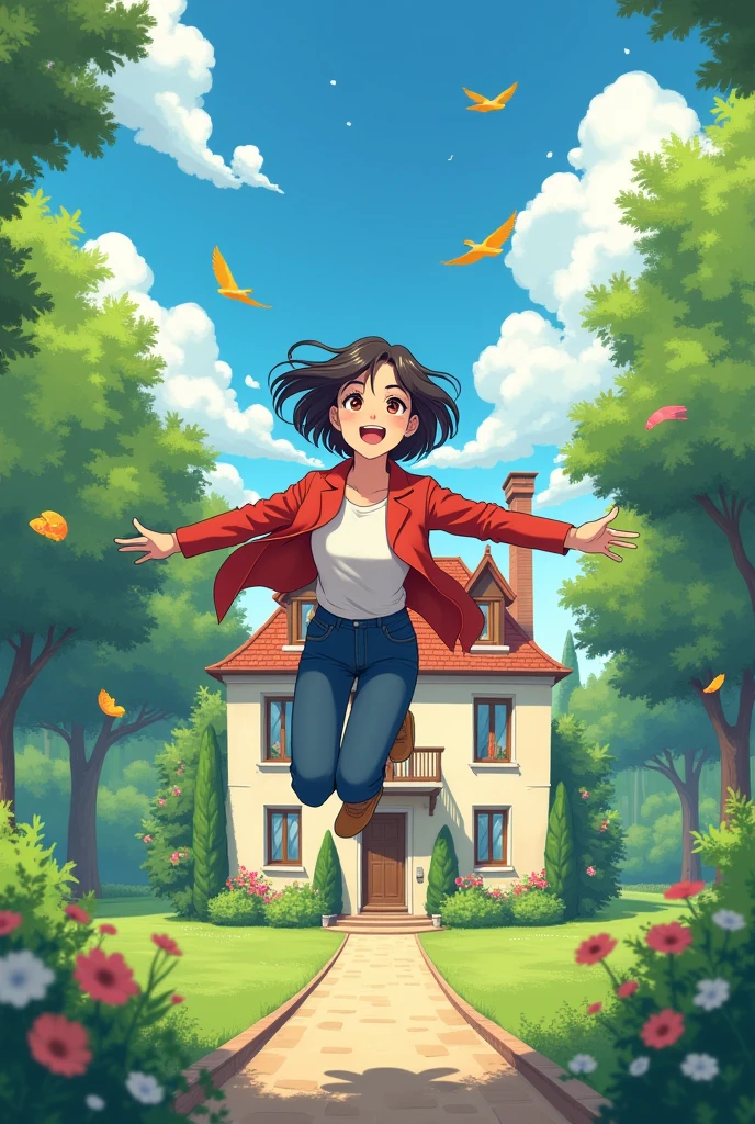 Scenario: a big house with a yard, a french woman with short black hair and brown eyes smiling and flying as if she were free in 2d anime