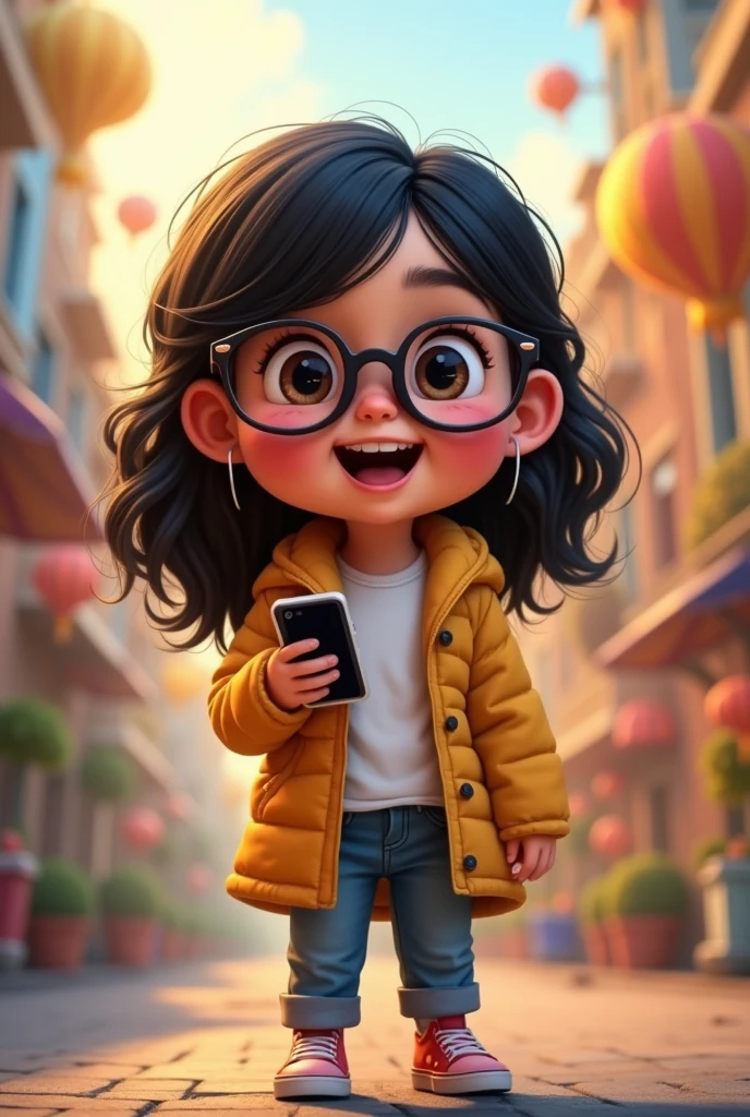 disney pixar cartoon girl with medium black hair, chubby and with glasses, with cell phone in hand