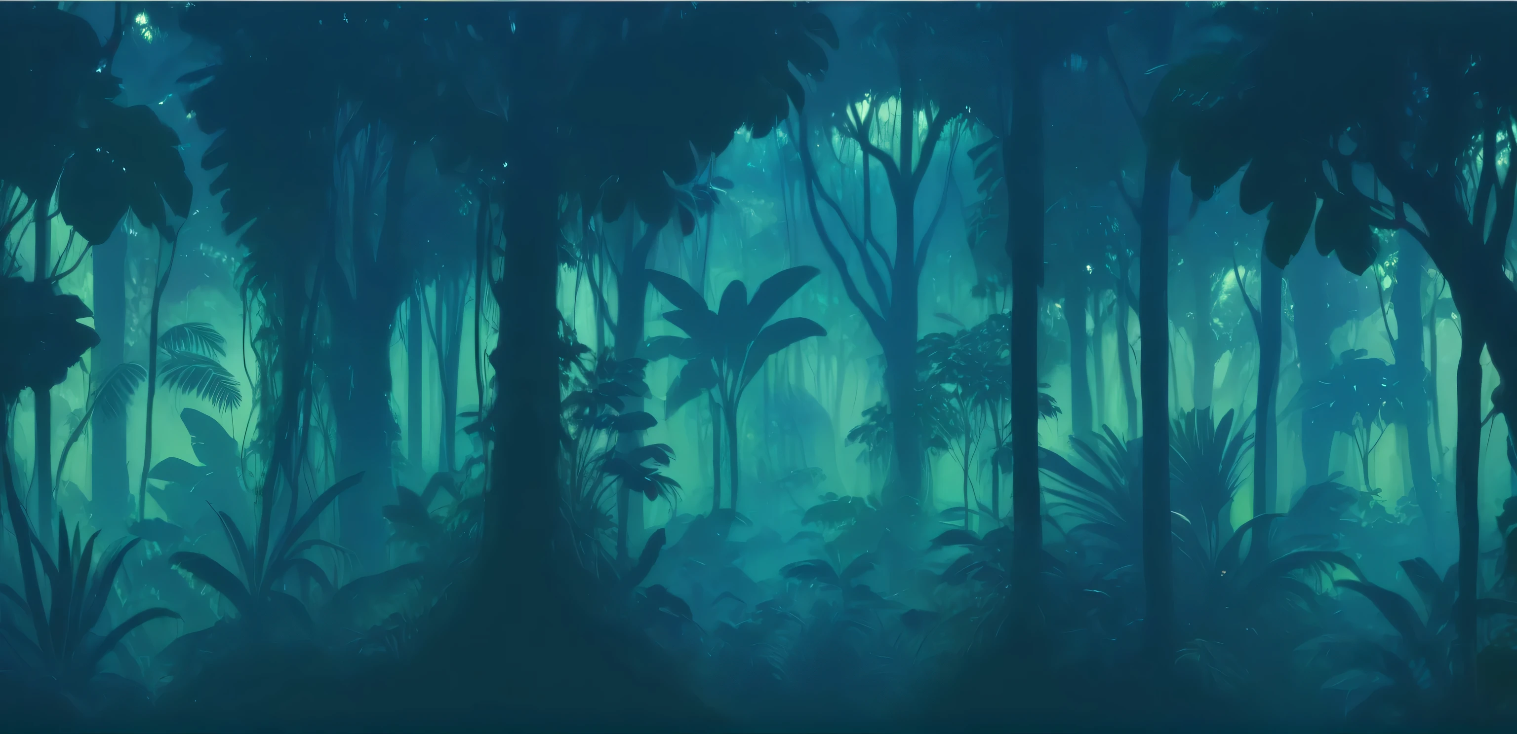 Close-up of the forest，There are trees and plants in the foreground, background jungle, Forest Background, jungle background, Rainforest background, mysterious jungle painting, author：Aaron Douglas, art nouveau jungle environment, Random background scenes, eerie jungle, jungle, Rainforest, amazon Rainforest background, dense lush forest at night, background technology, Tropical Rainforest, Forest Background, dense jungle