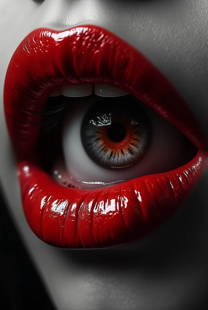 Make an angry eye that is inside a lip, the lip and the eye that are red, the rest in black and white, that the image is only on one side, that is to say, so that the entire lip is not visible