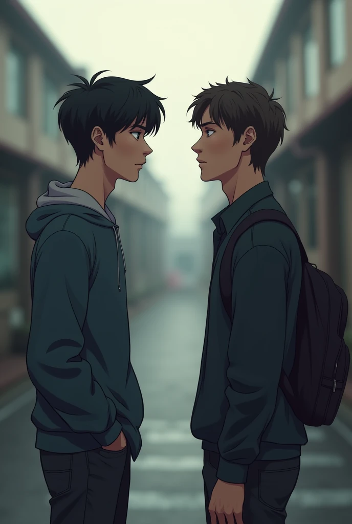 2 sad male friends because the other one moves away in the image they are moving away from each other eye they are friends not boyfriends