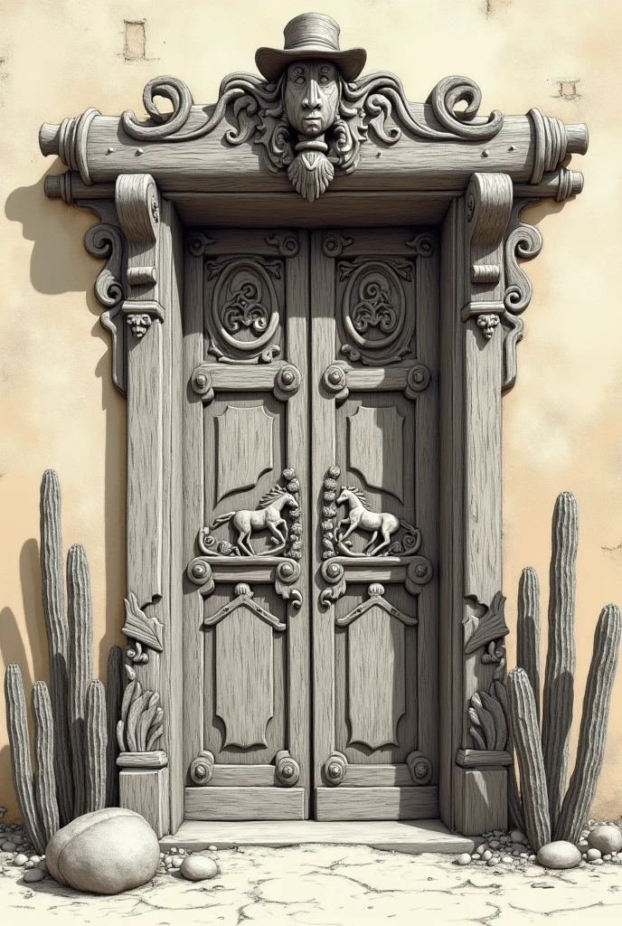 sketch drawing of an old west inspired door that has horses, cactus cowboys and everything related to that for a decoration