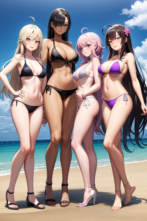 ((best quality)), ((masterpiece)), (detailed), 4 people, 4 girls gathered on the beach, photo pose, a girl, full body, 20 years old, young adult, happy face, smile, young adult, tall, blue eyes, long blonde hair, hair ornaments, star hair ornaments, bangs, big breasts, sexy purple bikini, bikini with stars, seductive legs, a girl, full body, 20 years old, young adult, surprised face, young adult, tall, green eyes, short pink hair, bangs, medium breasts, sexy blue bikini, seductive legs, sexy legs, a girl, full body, 19 years old, angry face, young adult, somewhat short stature, purple eyes, brown hair, slightly wavy hair, long hair, bangs, blush, very small breasts, sexy white bikini with skirt, seductive legs, a girl, full body, , young adult, embarrassed face, tall, gray eyes, long hair white, spiky hair, ahoge, bangs covering her right eye, very small breasts, flat chest, sexy black bikini, seductive legs, beach background, looking at me, anime