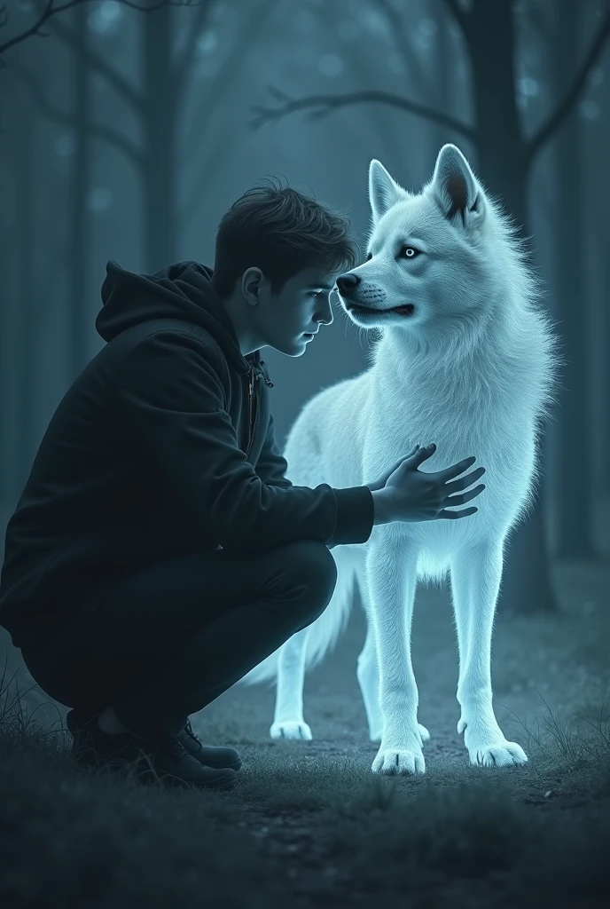 an image of a ghost husky dog and its owner a young man with light hair, light eyes and light skin crying over the death of his pet husky el espíritu fantasmal de un husky husky trasparente