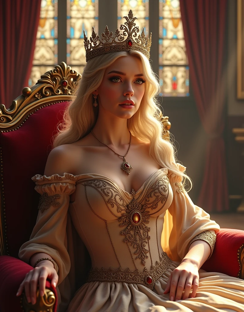 a beautiful queen, intricate crown, flowing gown, regal posture, piercing eyes, long eyelashes, elegant facial features, porcelain skin, golden hair, majestic aura, luxurious palace, ornate throne, sunlight streaming through stained glass windows, rich velvet curtains, ornate chandelier, (best quality,4k,8k,highres,masterpiece:1.2),ultra-detailed,(realistic,photorealistic,photo-realistic:1.37),cinematic lighting,dramatic shadows,vibrant colors,renaissance portrait