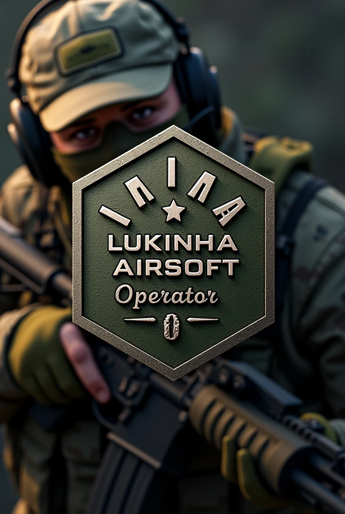 Create Cliché, Rubber patch, hexagonal coat of arms shield with the name Lukinha Airsoft and operator therefore an m4 rifle with a cap and headset with a camouflage background