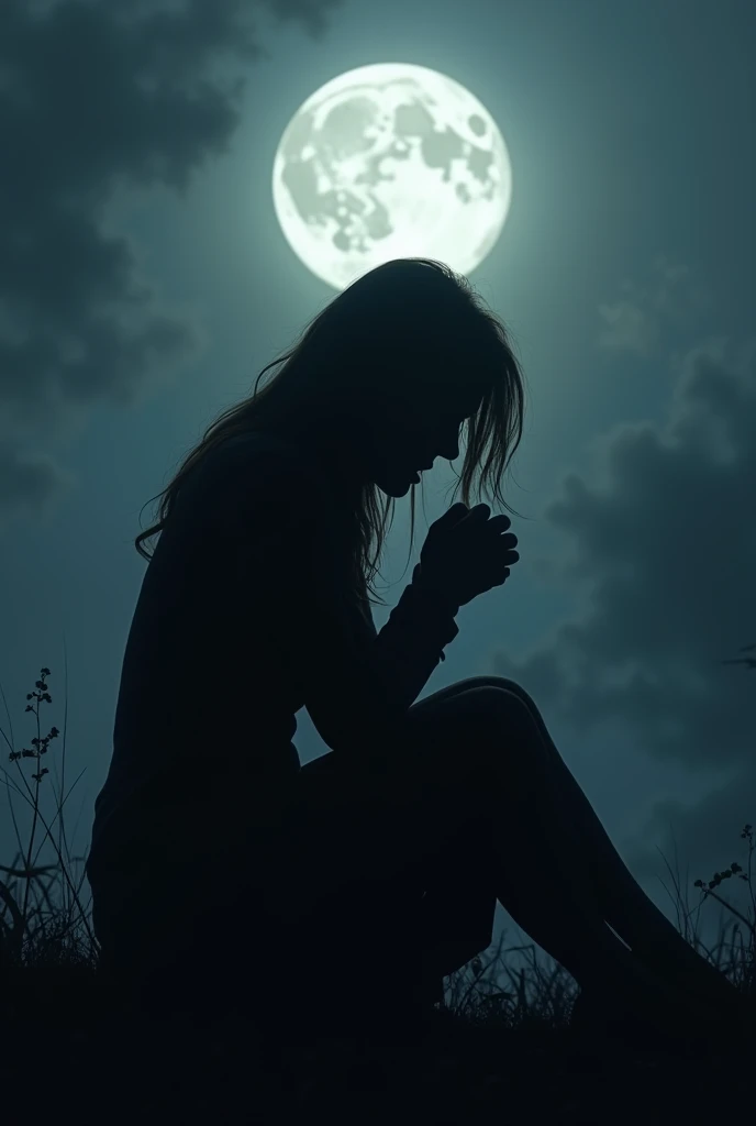 Silhouette of a woman sitting crying,his self-respect was taken away,suffer,full of despair,the night,moonlight