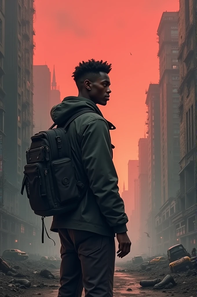 A young man, A dark-skinned man looks out over a ruined post-apocalyptic city.