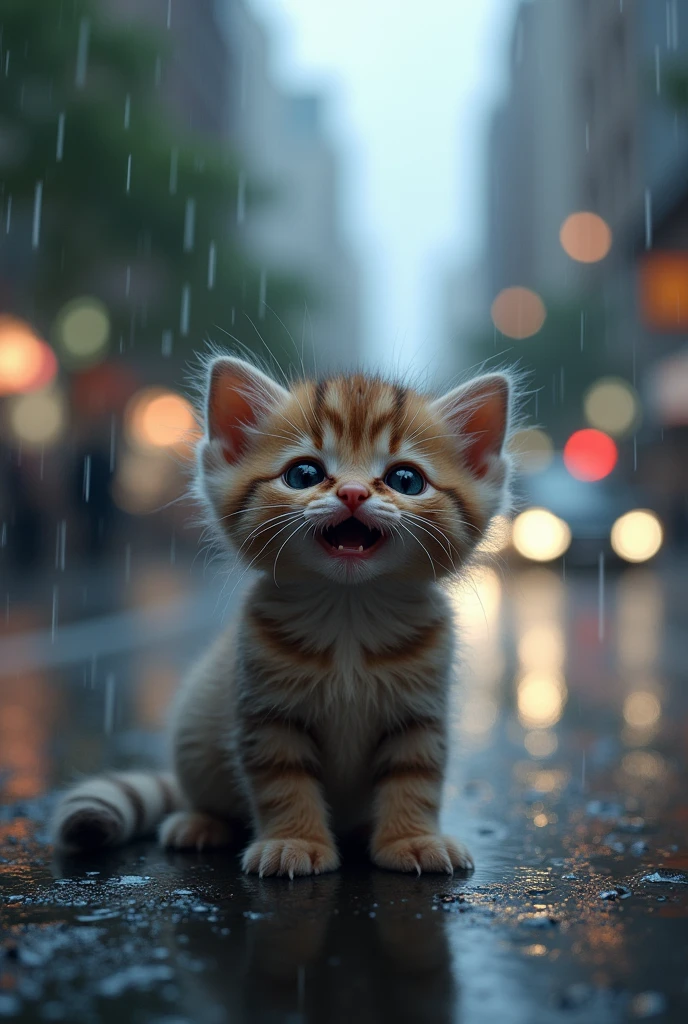 A kitten in the rain crying because he was hit by a bicycle