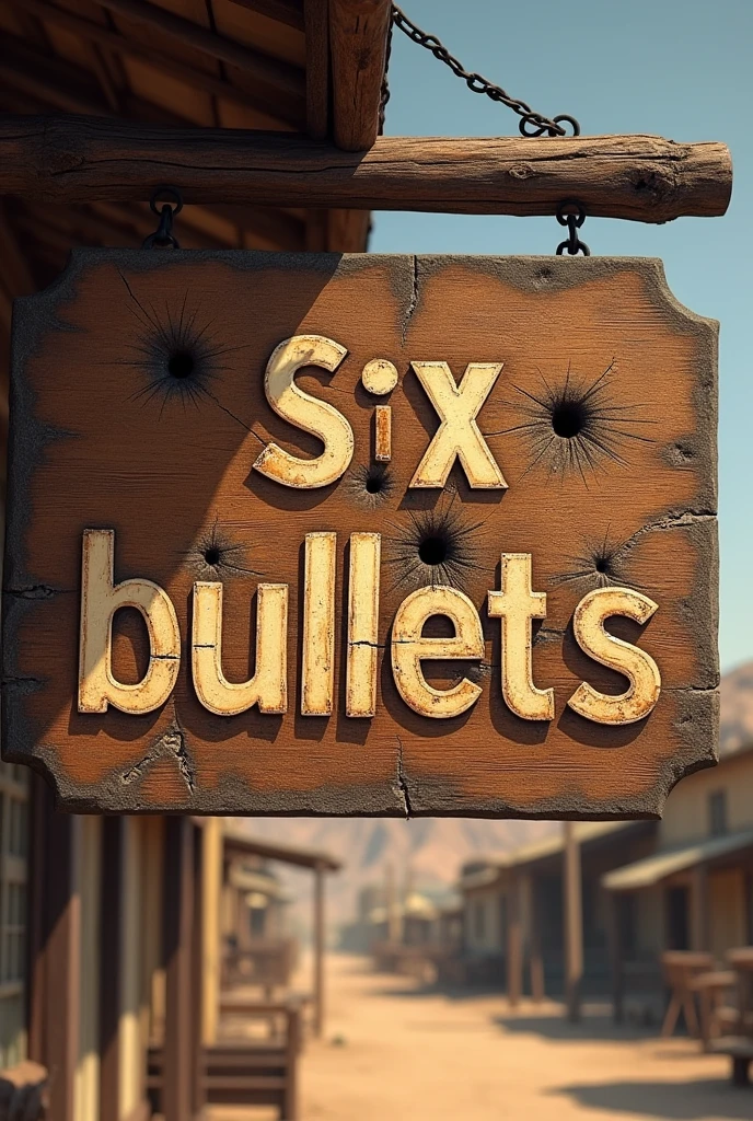 A written text only "Six Bullets" with some bullet holes in the middle in the western style on a wooden sign of a tavern