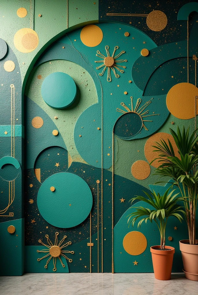 Create an abstract mural in a canvas painting style that encompasses culture, until, design, untilsanía, Image, artist, obra y público que también refleje la innovación en el until moderno y clásico, Add glitter and star details, Mediterranean type but futuristic without faces and galaxy type uses green tones and looks like clay texture, does not include people. Give a glossy finish to all paint