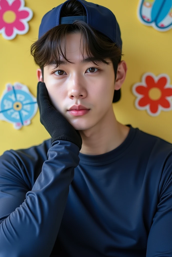Foto realisitic de um cantor de kpop masculino coreano, jungkook BTS, 24 years, pale face, beautiful  face, face with rosy cheeks and freckles, Muscular and strong body, wearing a backwards cap, wearing black gloves, wearing a tight dark blue shirt, long sleeved gym shirt doing cute poses,background with summer stickers, concept Photo, realisitic, idol, close-up do rosto, facing the front ,cute face, rosto close-up 