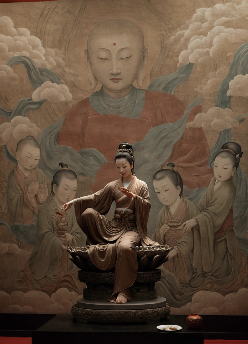 壁の前に椅子に座っている男性の彫picture, win, win of the southern seas, contented female Buddha, Buddha, A close-up of a large painting depicting a group of Buddhist art, Mogao Grottoes, Chinese art, Tang Dynasty, by Zhang Yin, beautiful render of Tang Dynasty, Ancient Chinese Goddess,Floating ,picture ,Real ,cloud ,Flowing ,fog ,Drift ,cigarette ,reality ,4K ,Floating