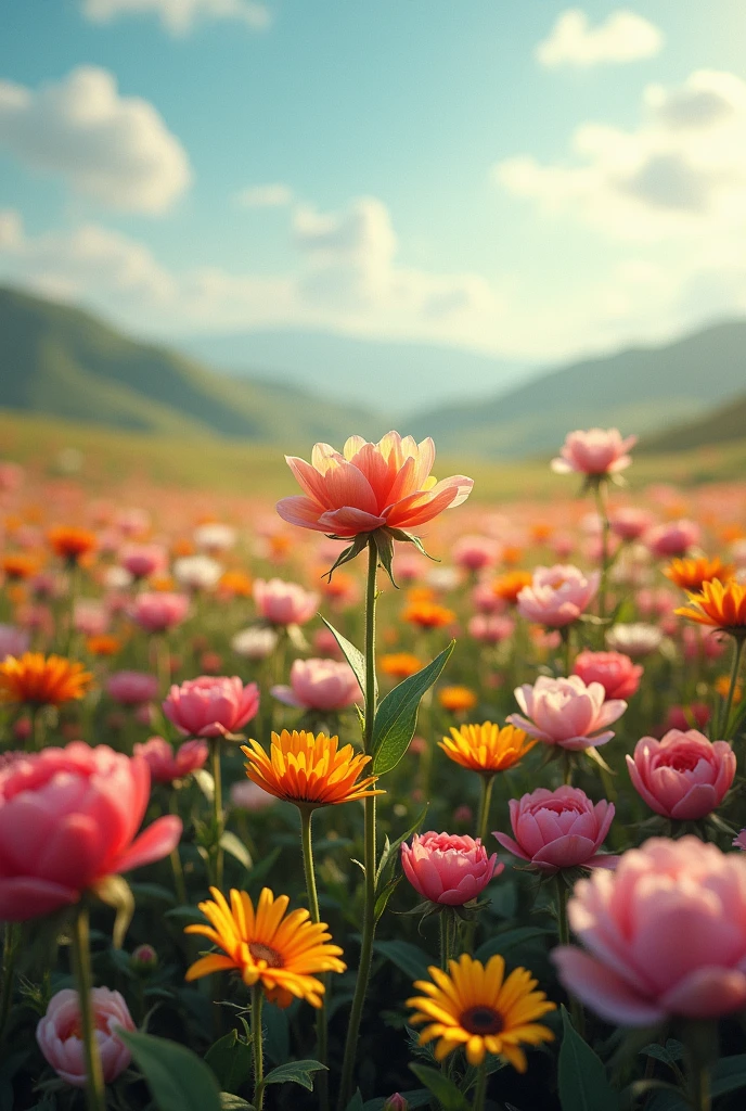  a field of different flowers in the middle a faded flower
