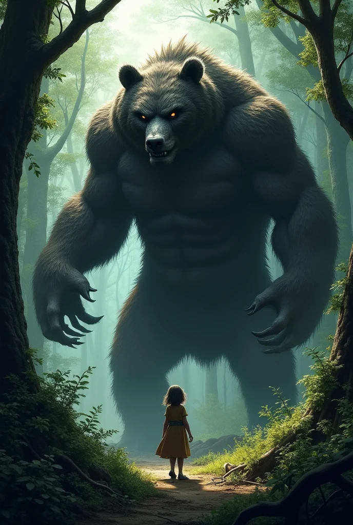 **Gor, the Menacing Bear Creature:**
- *"A massive, intimidating bear-like creature with dark, threatening features, lurking in the shadows of the forest. The creature has a sinister expression, watching the girl intently."*