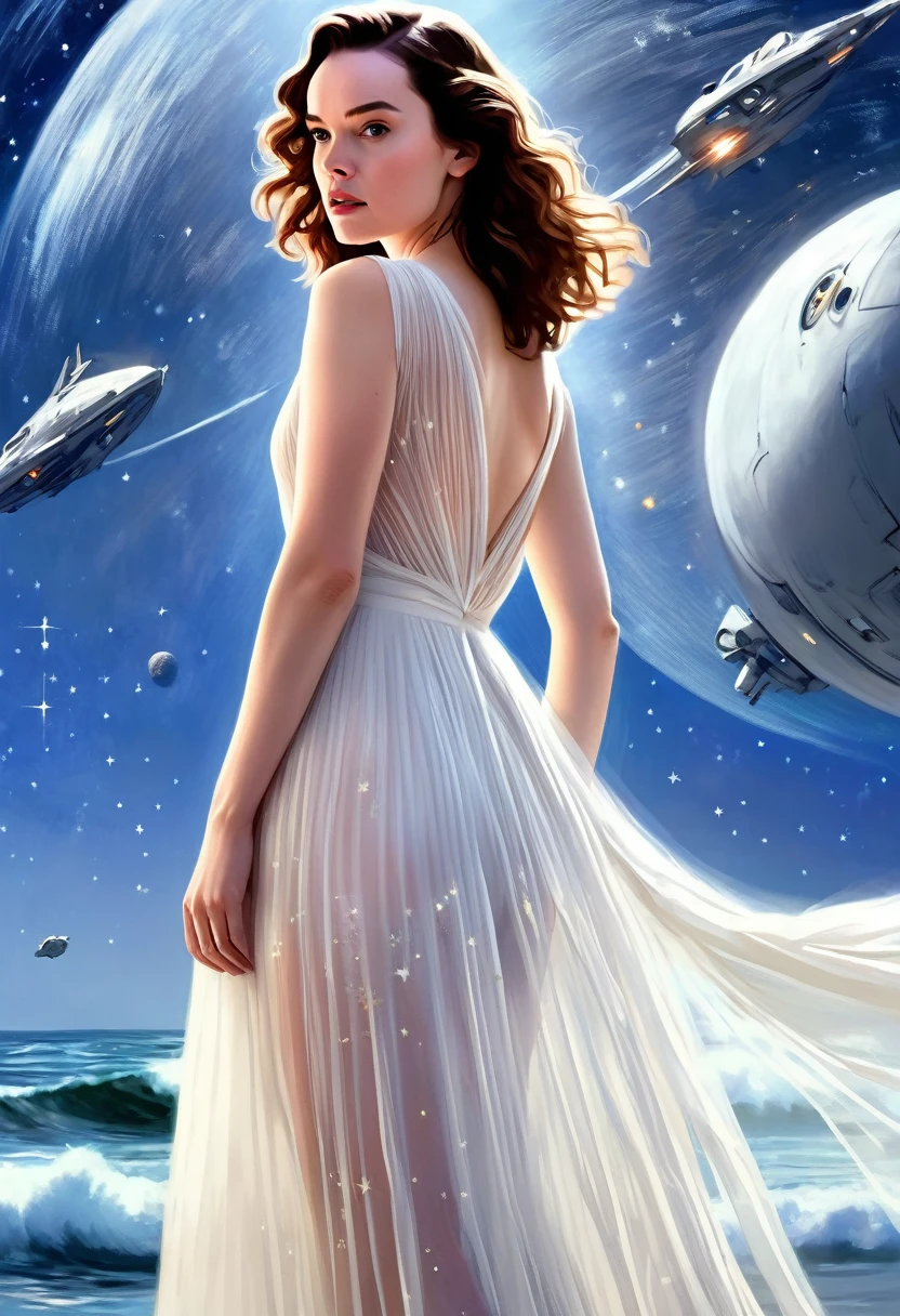 Daisy Ridley (age 25, airy sheer white elegant gown), camera low looking up at her butt and a starry sky, a few tiny space ships fly across the sky, lush ocean world