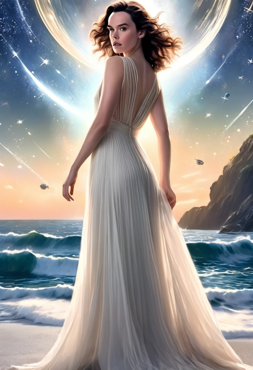 Daisy Ridley (age 25, airy sheer white elegant gown), camera low looking up at her butt and a starry sky, a few tiny space ships fly across the sky, lush ocean world