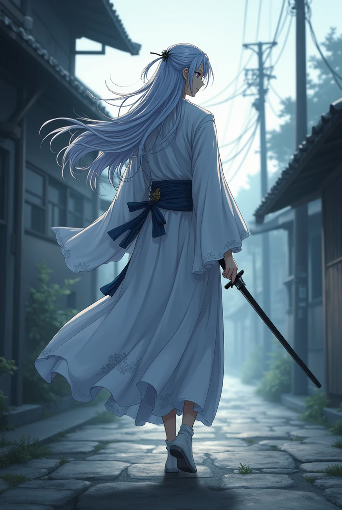 tall and slender, with long silver hair and intense violet eyes. His skin is pale and marked by old scars.., that tell stories of past battles. Wears a white haori with silver details, that resembles a dense fog when it moves.
Personalidade: Introspective and calm, Kazuki prefers solitude and meditation. Has a strong sense of justice and honor, but his solitary nature makes him distant and difficult to approach. Despite his serene appearance, hides a deep sadness and a past marked by losses. Anime style With a sword walking down the street he finds a hut, who have demons/burden