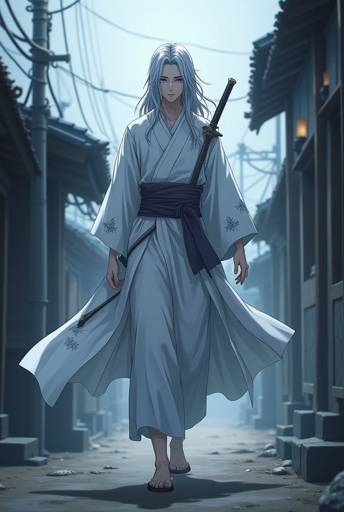 tall and slender, with long silver hair and intense violet eyes. His skin is pale and marked by old scars.., that tell stories of past battles. Wears a white haori with silver details, that resembles a dense fog when it moves.
Personalidade: Introspective and calm, Kazuki prefers solitude and meditation. Has a strong sense of justice and honor, but his solitary nature makes him distant and difficult to approach. Despite his serene appearance, hides a deep sadness and a past marked by losses. Anime style With a sword walking down the street he finds a hut, who have demons/burden