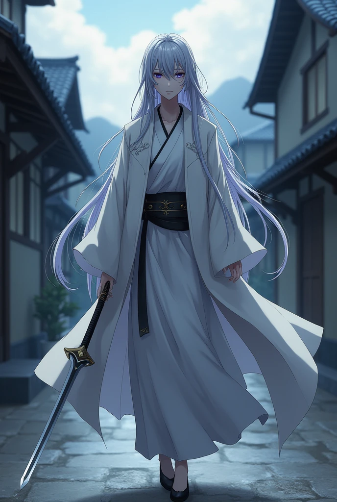 tall and slender, with long silver hair and intense violet eyes. His skin is pale and marked by old scars.., that tell stories of past battles. Wears a white haori with silver details, that resembles a dense fog when it moves.
Personalidade: Introspective and calm, Kazuki prefers solitude and meditation. Has a strong sense of justice and honor, but his solitary nature makes him distant and difficult to approach. Despite his serene appearance, hides a deep sadness and a past marked by losses. Anime style With a sword walking down the street he finds a hut, who have demons/burden