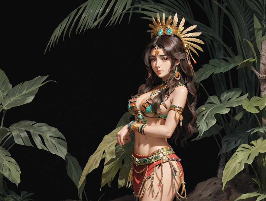 "Create an anime style illustration of an Aztec warrior woman in her 20s, dressed as a cute Mexican anime character. She is in a tropical jungle in a cozy cenote, relaxing. She has long, wavy brown hair, parted to the side. She is wearing an Aztec warrior outfit, a pleated skirt, and a feather crown in her hair. The black background highlights her figure.