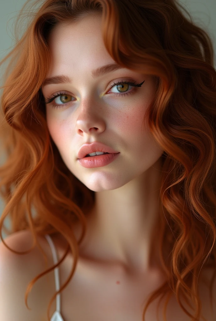 A white woman with hair dyed a natural dark copper red, very long and very curly without volume, rosto angelical, chubby and round face, very beautiful, brown eyes, small and round mouth, slightly large cheeks, round eyes, big eyelashes, small and cute nose, round chin, sculptural body, use well-defined eyeliner