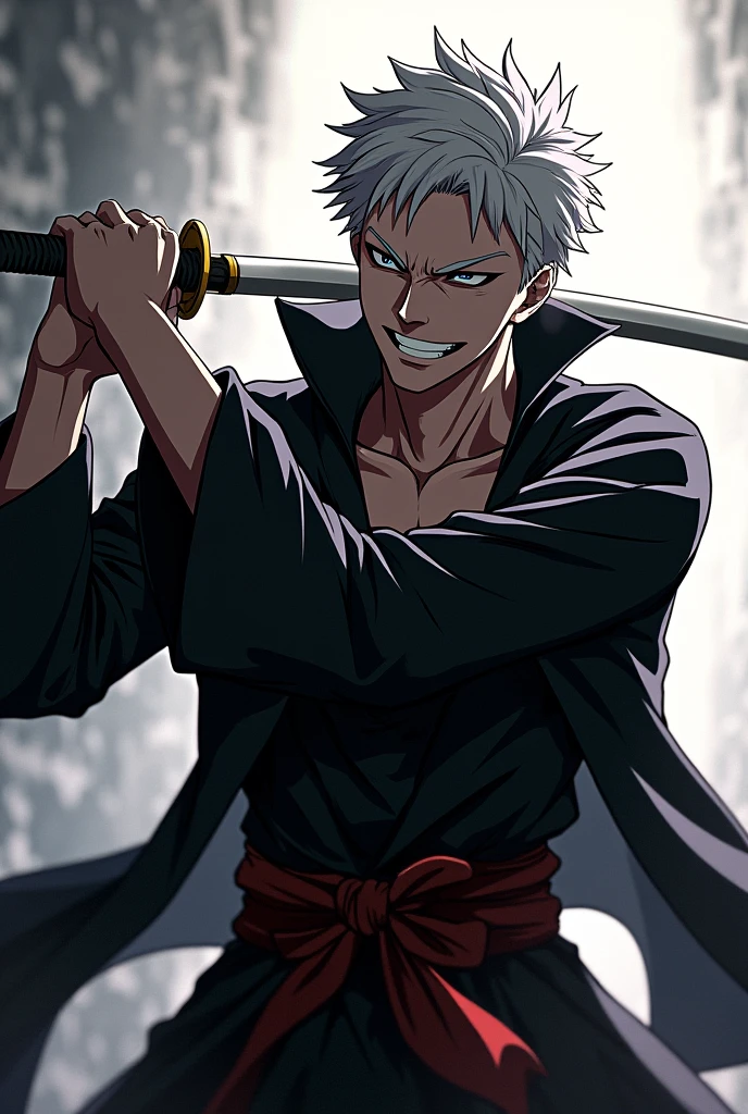 anime styling, Toji Fushiguru, Jujutsu Kaisen, black andwhite, magnificent, cinematic shading, CG anime, with a sword, giggling