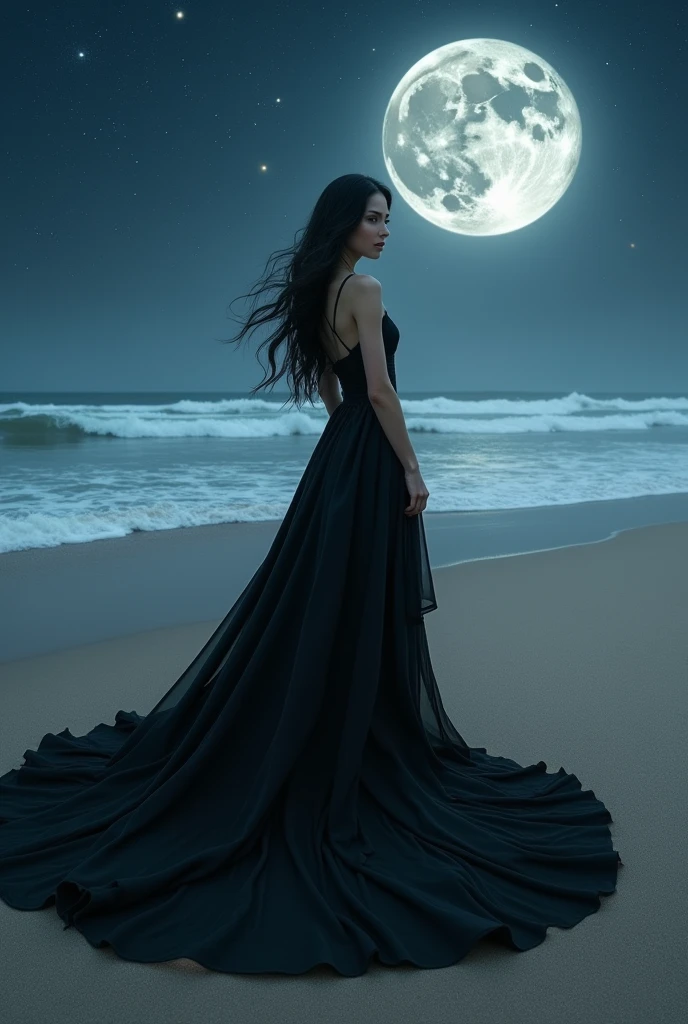 Light skinned woman with long black hair wearing a black horse-riding black dress with long mane on a deserted beach on a starry night with a full moon