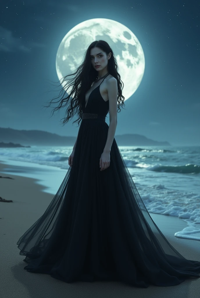 Light skinned woman with long black hair wearing a black horse-riding black dress with long mane on a deserted beach on a starry night with a full moon