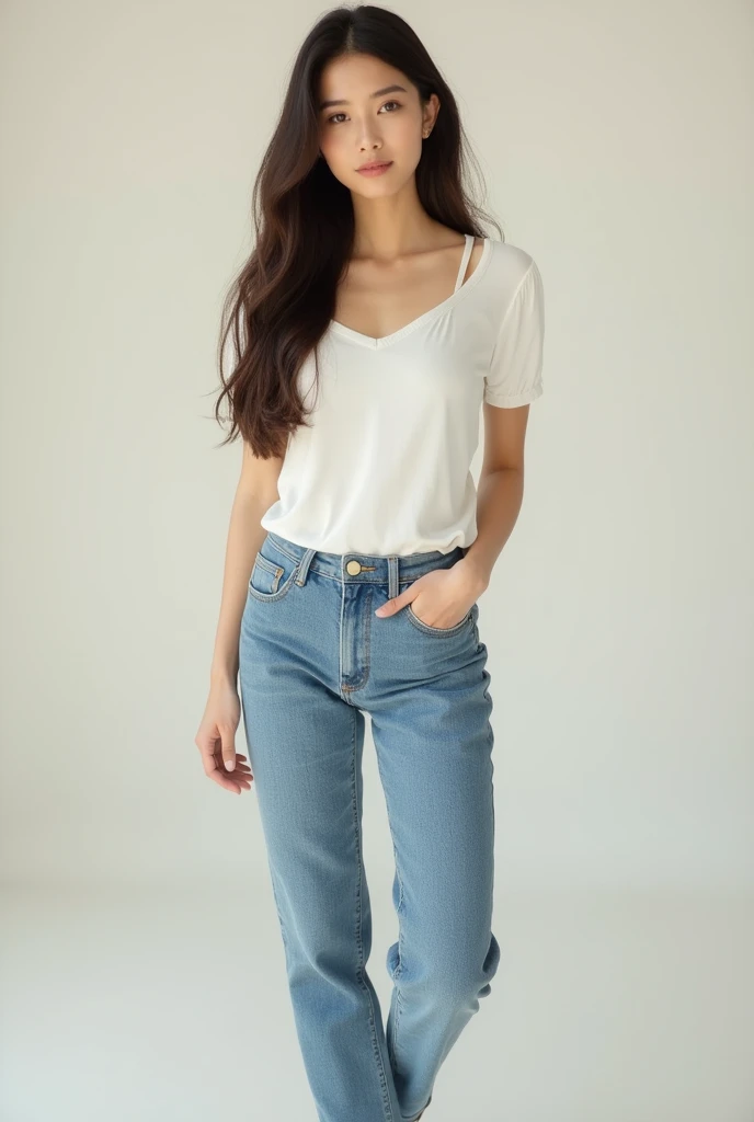 A woman wearing a white top pair with  straight jeans and a flat doll shoes 