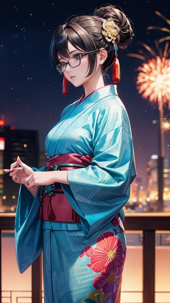 Gorgeous turquoise yukata Fireworks set off in the background Mature Woman Rimless glasses Black hair chignon Chinese Idol