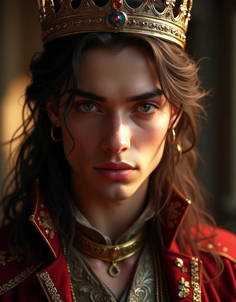 a prince, detailed portrait, beautiful detailed eyes,beautiful detailed lips,extremely detailed eyes and face,longeyelashes, 1boy, medieval fantasy, renaissance, intricate ornate clothing, regal crown, ornate jewelry, dramatic lighting, (best quality,4k,8k,highres,masterpiece:1.2),ultra-detailed,(realistic,photorealistic,photo-realistic:1.37),cinematic,dramatic lighting,chiaroscuro,dramatic shadows,deep warm colors,rich textures