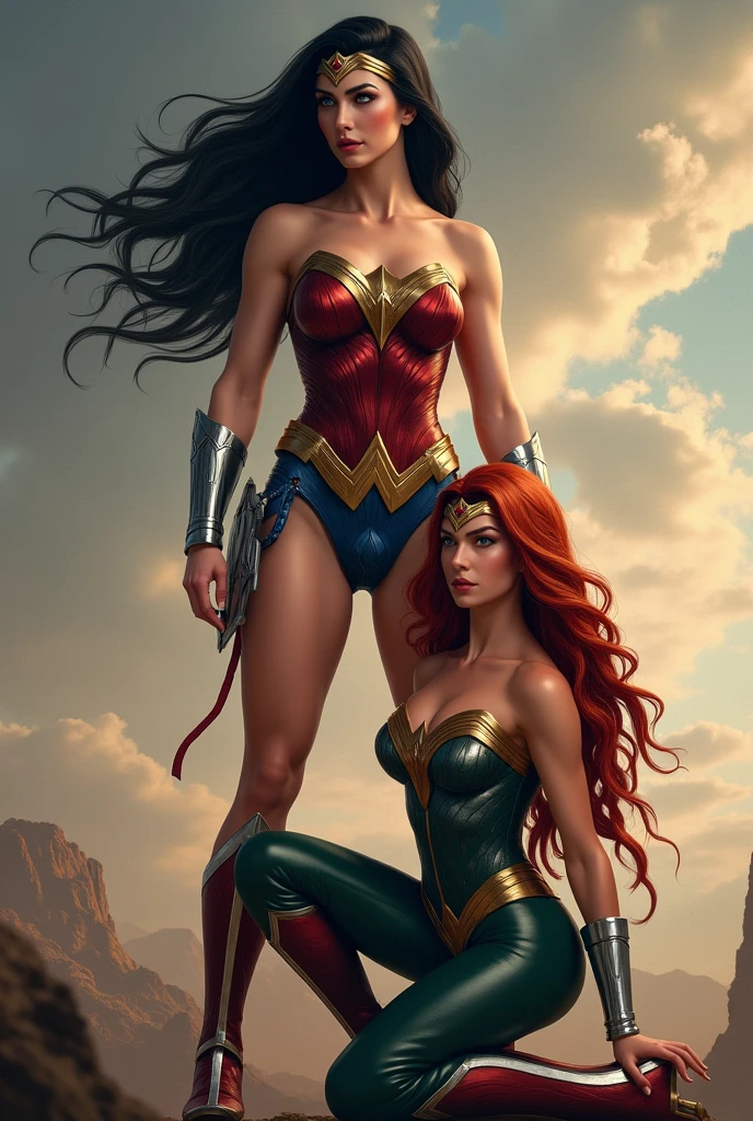 Two Wonder Women, one standing with long black hair in the original Wonder Woman outfit, red boots and silver bracelets, the other on her knees with long, red hair in a braid, a green jumpsuit and green boots with gold trim, silver bracelets, Wonder Woman diaema