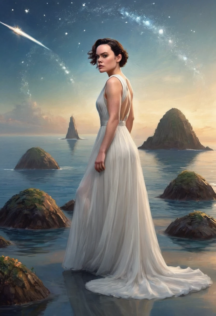 Daisy Ridley (age 25, airy sheer white elegant gown), camera low looking up at her butt and a starry sky, a few tiny space ships fly across the sky, lush ocean world
Daisy Ridley (age 25, airy sheer white elegant gown), camera low looking up at her butt and a starry sky, a few tiny space ships fly across the sky, lush ocean world
