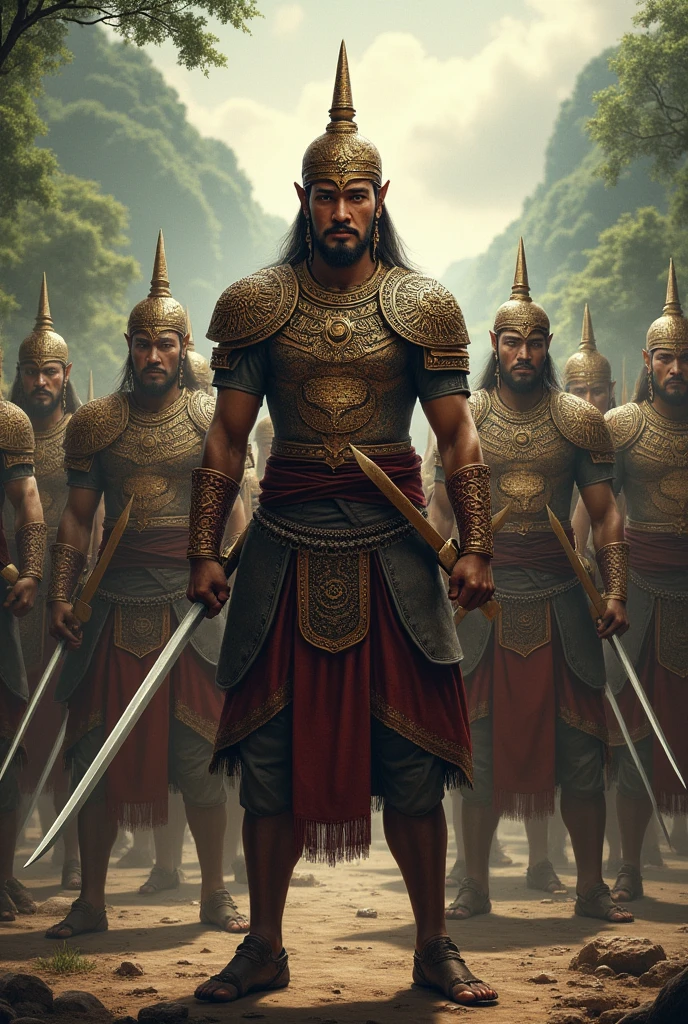 Ancient Thai soldiers stand holding double swords.