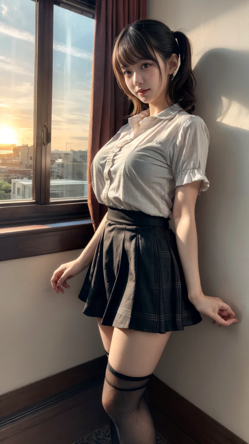 masterpiece, best quality, illustration, Super detailed, fine details, High resolution, 8K,wall paper, perfect dynamic composition,(Details High quality, realistic depiction of eyes:1.3), short hair, (wavy hair:1.2), (Ruffled shirt、)(Checked mini skirt、red、black、),  pony tail hair, huge breasts,  black hair color, Big Natural Color Lip, bold sexy pose, crying a little、little smile, Harajuku style、20 year old girl、cute type、lolita、beautiful legs, hotel room, full body photo、focus on crotch, hposing Gravure Idol, Sexy shot looking at camera, Sunset, by the window, Summer, knee sox, make up, Curve