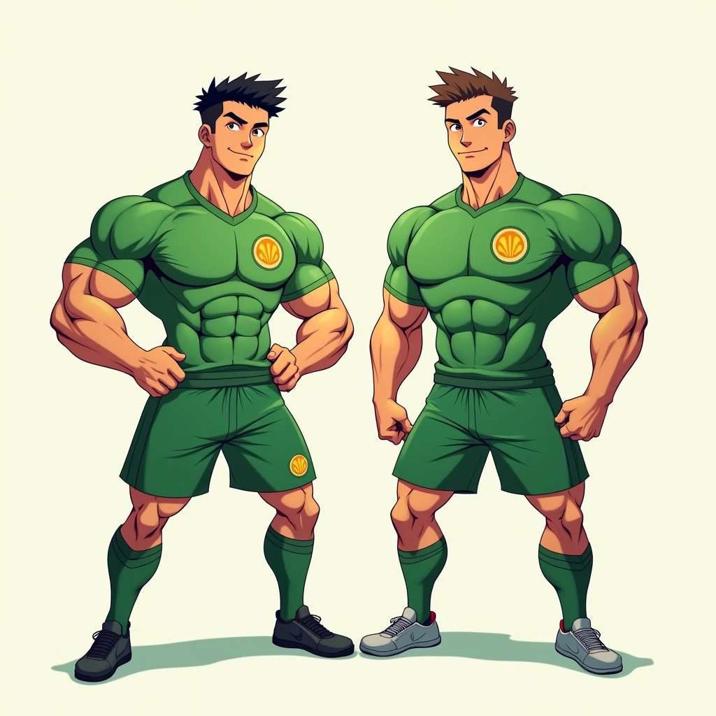 anime art: two masculine 22-year-old males with a big bulge, wearing a green soccer outfit , they're squatting down, flexing biceps, front angle view, big bulges