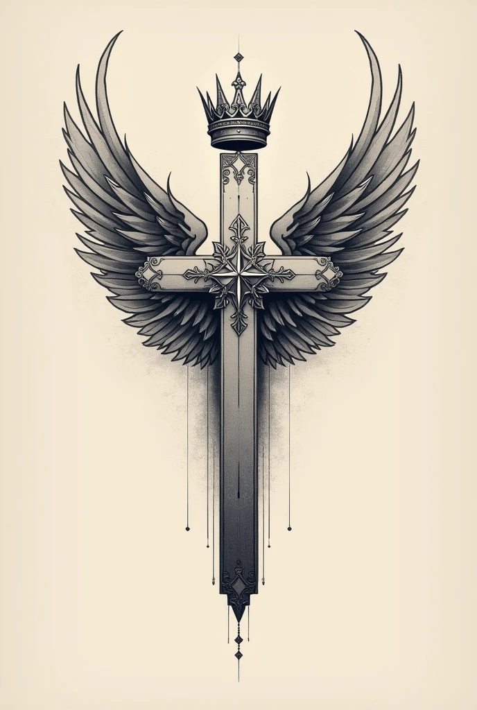 Cross with a crown and wings for a simple tattoo on the abdomen