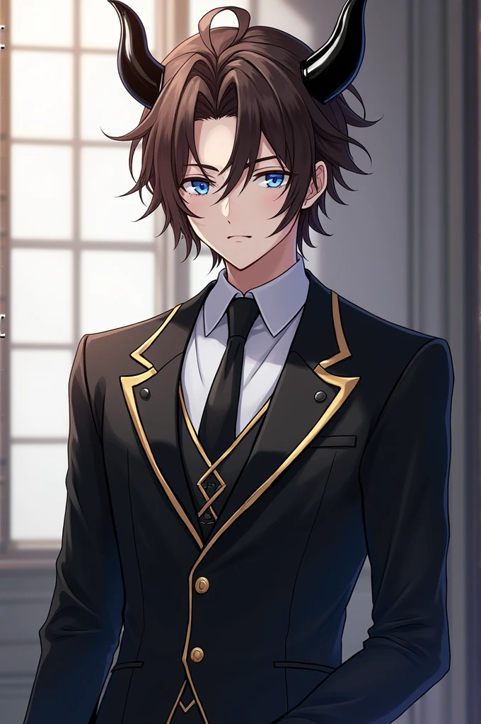 Male, Anime, Android, Brown hair with black horns, Blue eyes, butler's uniform