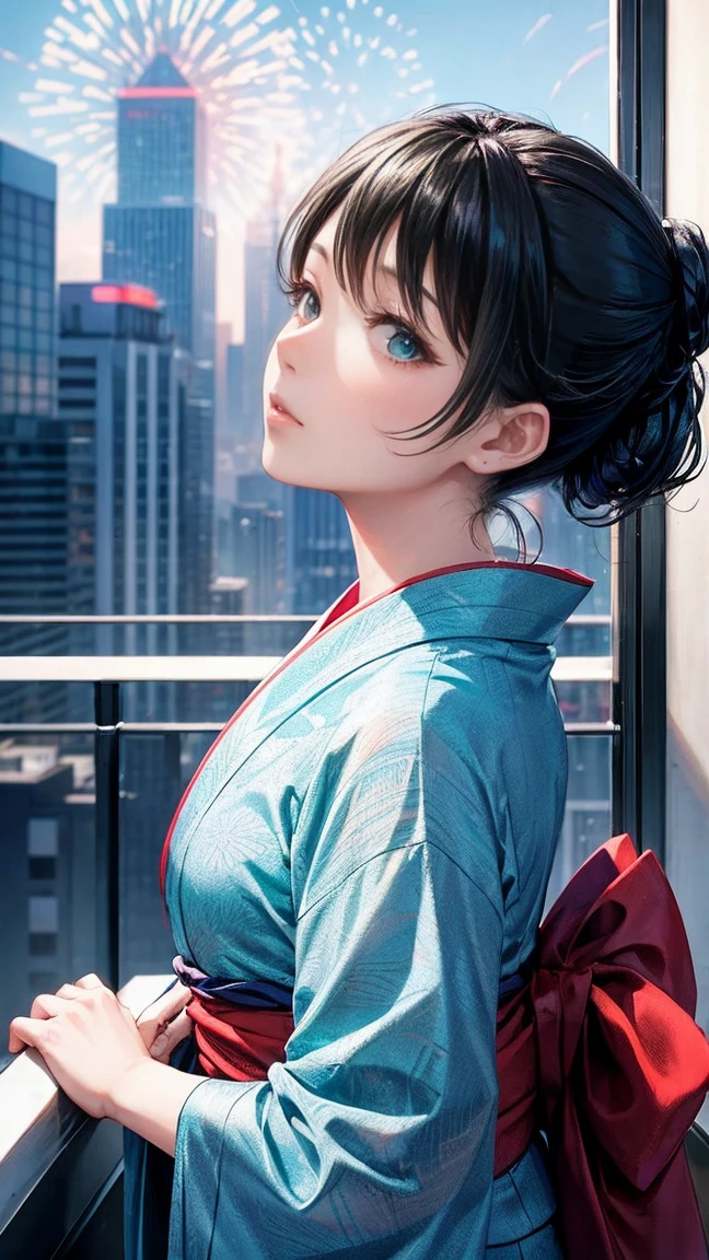 Skyscraper rooftop　Fireworks set off in the background　Mature Woman　Black hair chignon　A vibrant turquoise yukata　Profile looking up at the sky