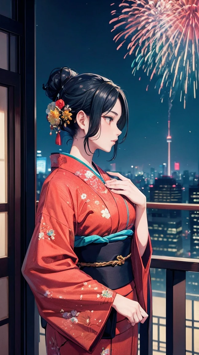 Skyscraper rooftop　Fireworks set off in the background　Mature Woman　Black hair chignon　A vibrant turquoise yukata　Profile looking up at the sky