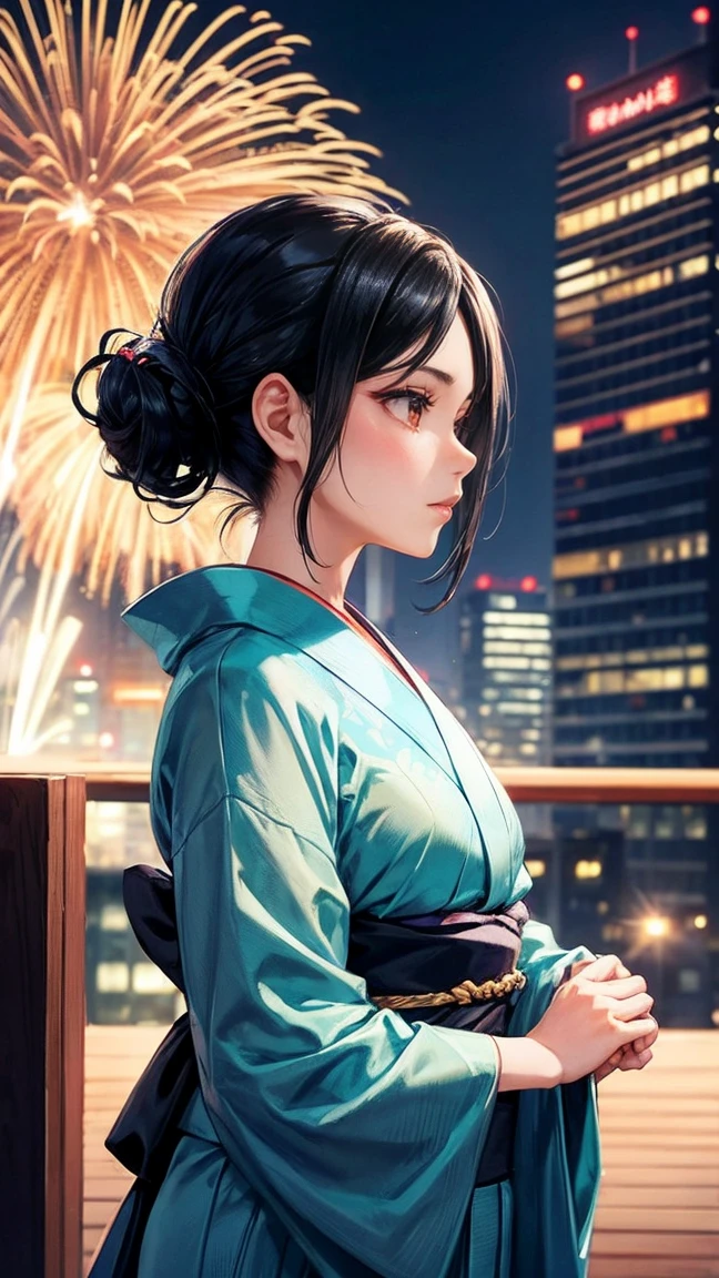 Skyscraper rooftop Fireworks set off in the background Mature Woman Black hair chignon A vibrant turquoise yukata Profile looking up at the sky