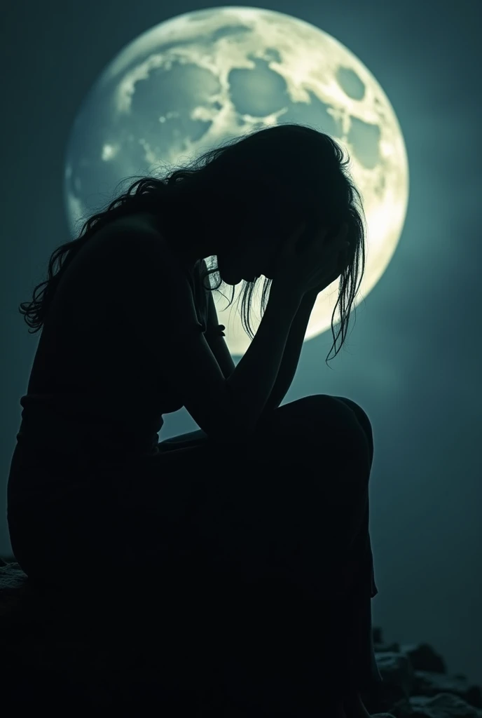 Silhouette of a woman sitting crying,his self-respect was taken away,suffer,full of despair,the night,moonlight