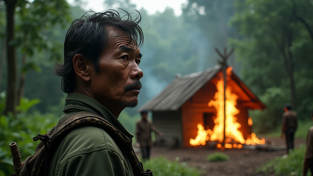 An Indonesian hunter stares at a burning wooden house with strangers in the woods during the day 8k
