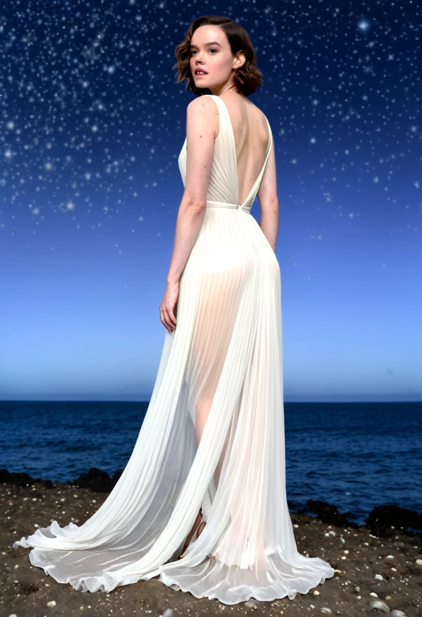 Daisy Ridley (age 25, airy sheer white elegant gown), camera low looking up at her butt and a starry sky, a few tiny space ships fly across the sky, lush ocean world