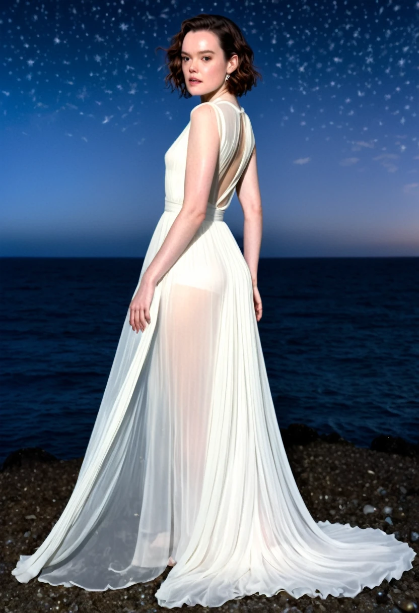 Daisy Ridley (age 25, airy sheer white elegant gown), camera low looking up at her butt and a starry sky, a few tiny space ships fly across the sky, lush ocean world
