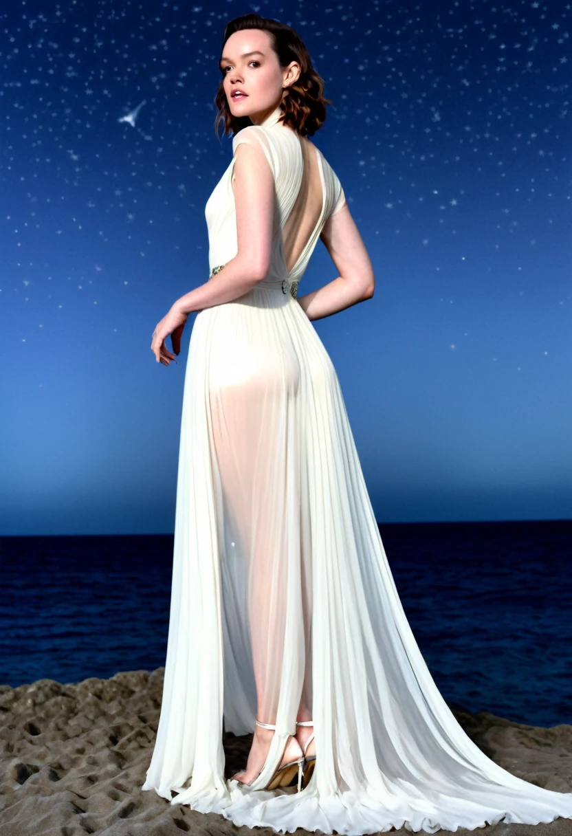 Daisy Ridley (age 25, airy sheer white elegant gown), camera low looking up at her butt and a starry sky, a few tiny space ships fly across the sky, lush ocean world