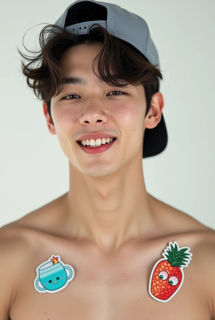 Foto realisitic de um cantor de kpop masculino coreano, jungkook BTS, 24 years, pale face, beautiful face, face with rosy cheeks and freckles, Muscular and strong body, wearing a backwards cap, wearing no shirt, body with cute summer stickers, making cute poses, concept Photo, realisitic, idol, close-up do rosto, facing the front ,cute face, rosto close-up