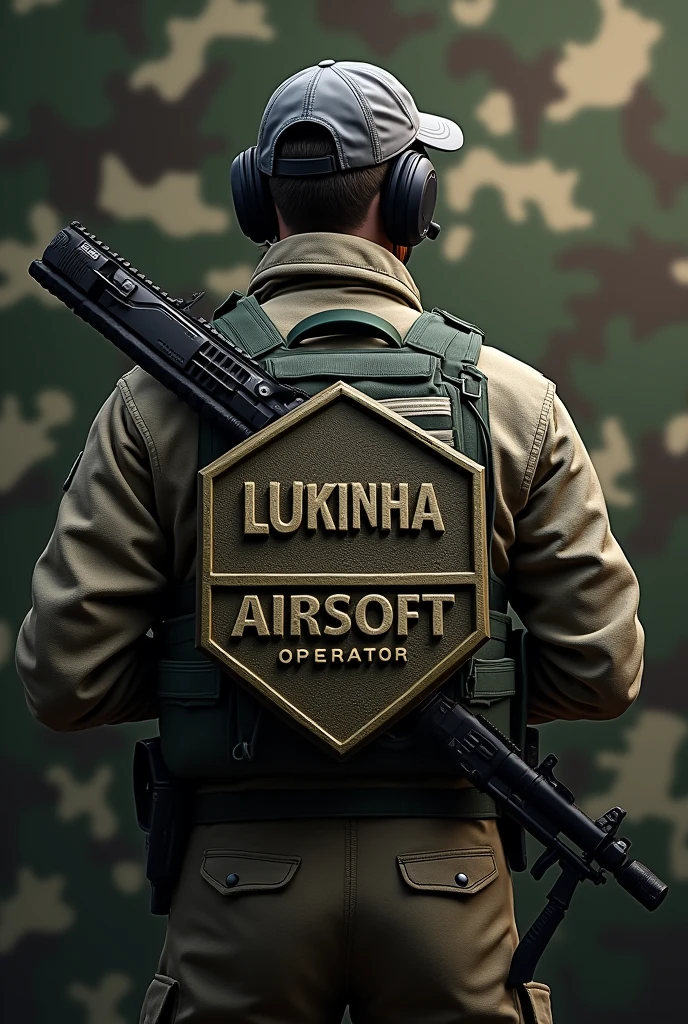 Create Cliché, Rubber patch, hexagonal coat of arms shield with the name Lukinha Airsoft and operator therefore an m4 rifle with a cap and headset with a camouflage background