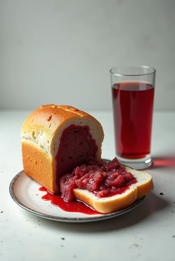 A loaf of bread filled with raw meat with a glass of boiled blood on the side instead of milk 